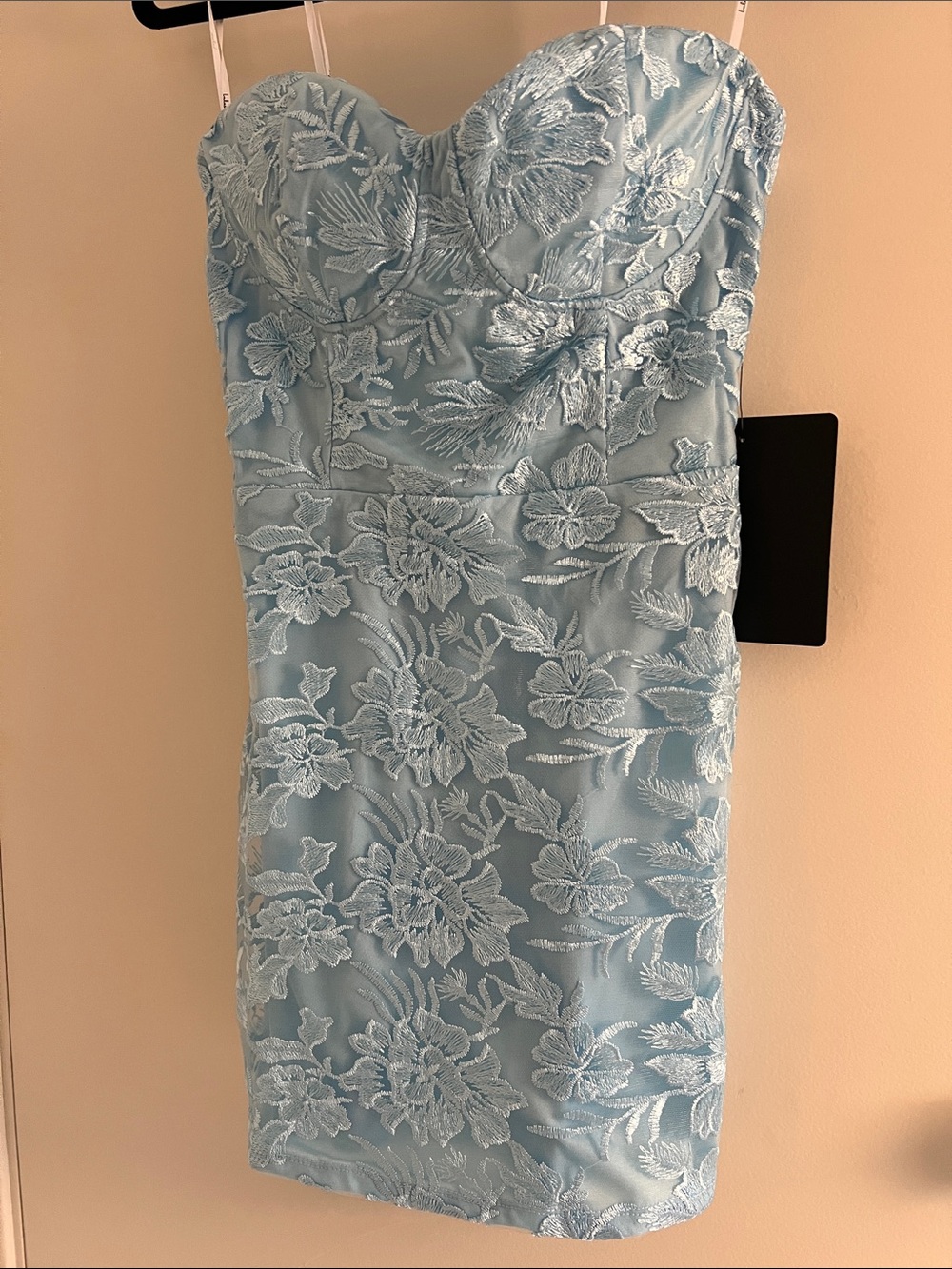 Lulu's Strapless Pale Blue Embroidered Floral Bodycon Dress
